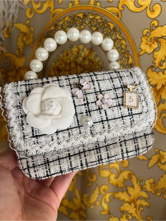 Calin Handbags - Top Handle pearl white black tweed lace Camellia flower mini bag purse n5